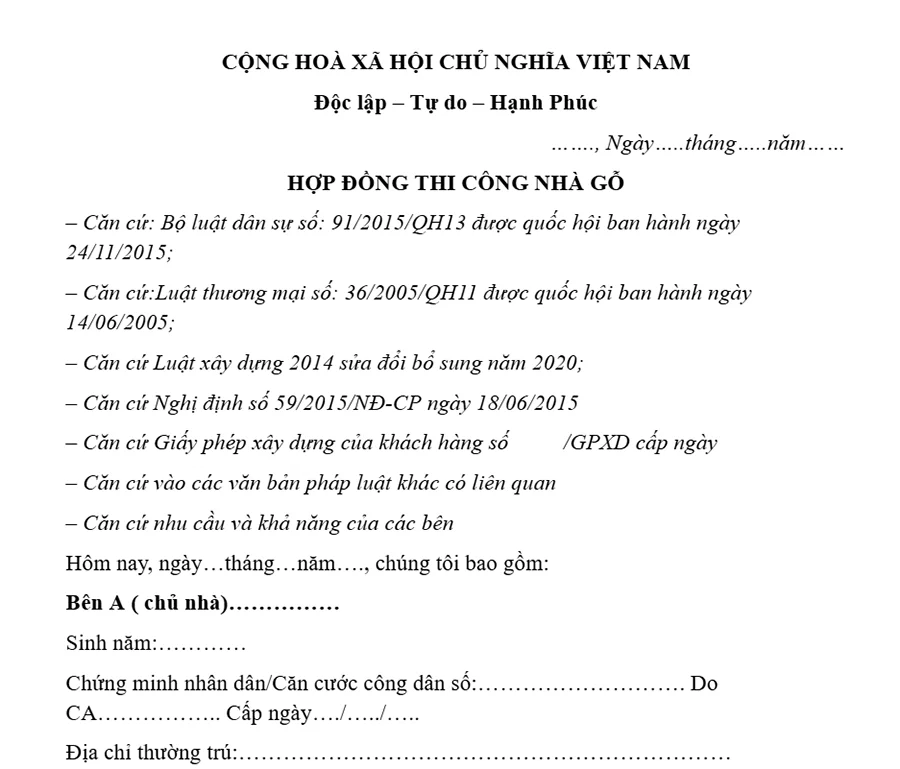 Mẫu khung hợp đồng chi tiết